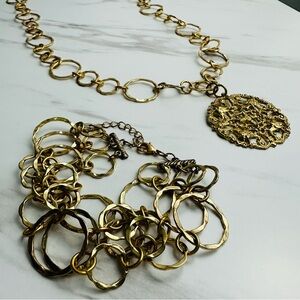 Vintage Hammered Gold Tone Necklace & Bracelet Set | Filigree Medallion Pendant